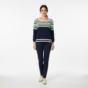 Alfred Dunner Navy and Green Floral Embroidered Stripped Women's Sweater PL